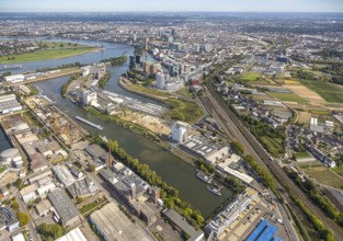 Aerial view, Media Harbour office and business district, view to the river Rhine with Rhine Tower