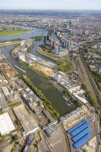 Aerial view, Media Harbour office and business district, view to the river Rhine with Rhine Tower