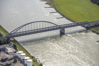 Aerial view, Hammer railway bridge over the river Rhine, harbour, Düsseldorf, Ruhr area, North