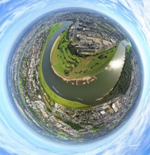 Aerial view, river Rhine Rhine bend, golf course Auf der Lausward and harbour with Lausward power