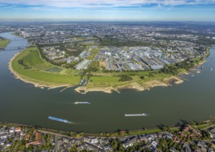 Aerial view, Rhine bend and district Volmerswerth, horticultural farms and agricultural use in the