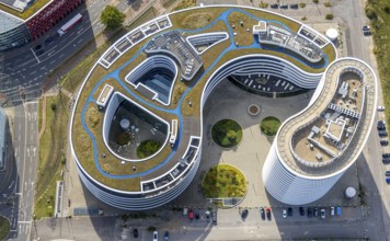 Aerial photo, trivago N.V. headquarters in the media harbour, harbour, Düsseldorf, Ruhr area, North