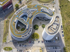 Aerial photo, trivago N.V. headquarters in the media harbour, harbour, Düsseldorf, Ruhr area, North