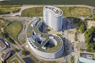 Aerial photo, trivago N.V. headquarters in the media harbour, harbour, Düsseldorf, Ruhr area, North