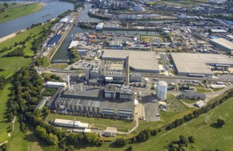 Aerial view, harbour with Lausward power plant, harbour, Düsseldorf, Ruhr area, North