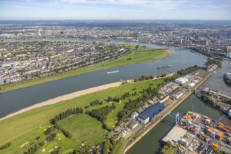 Aerial view, sandy beach paradise beach Düsseldorf parliamentary bank at the river Rhine,