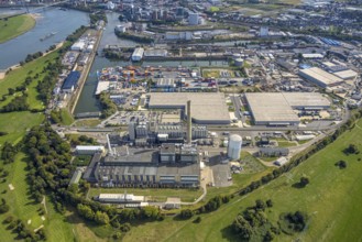 Aerial view, harbour with Lausward power plant, harbour, Düsseldorf, Ruhr area, North
