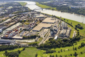 Aerial view, harbour with Lausward power plant, harbour, Düsseldorf, Ruhr area, North