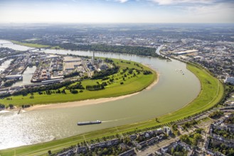 Aerial view, river Rhine Rhine bend, golf course Auf der Lausward and harbour with Lausward power