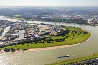 Aerial view, river Rhine Rhine bend, golf course Auf der Lausward and harbour with Lausward power
