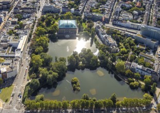 Aerial view, Ständehauspark with Ständehaus, Kaiserteich and Schwanenspiegel, Unterbilk,