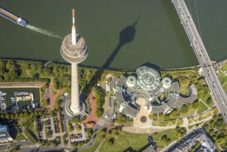Aerial view, Rhine Tower in the Rhine Park Bilk near the Media Harbour on the river Rhine, State