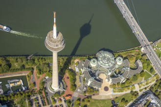 Aerial view, Rhine Tower in the Rhine Park Bilk near the Media Harbour on the river Rhine, State