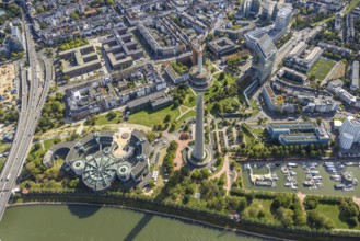 Aerial view, Rhine Tower in the Rhine Park Bilk near the Media Harbour on the river Rhine, State