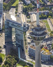 Aerial view, Rhine Tower spire near the media harbour, Bilk, Unterbilk, Düsseldorf, Ruhr area,