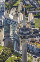 Aerial view, Rhine Tower spire near the media harbour, Bilk, Unterbilk, Düsseldorf, Ruhr area,