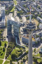 Aerial view, Rhine Tower spire near the media harbour, Bilk, Unterbilk, Düsseldorf, Ruhr area,