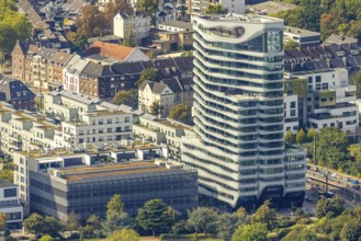 Aerial view, high-rise building The Zipper Hotel and Apartments, Heerdt, Düsseldorf, Ruhr area,