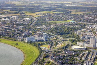 Aerial view, high-rise building The Zipper Hotel and Apartments, Schön Klinik Hospital, between the