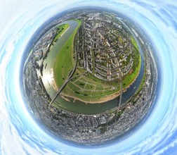 Aerial view, district Oberkassel with Festwiese Oberkassel, Rheinkniebrücke and Oberkasseler Brücke
