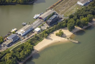 Aerial view, sandy beach paradise beach Düsseldorf parliamentary bank on the river Rhine,