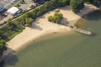 Aerial view, sandy beach paradise beach Düsseldorf parliament shore at the river Rhine, harbour,