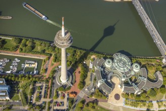 Aerial view, Rhine Tower in the Rhine Park Bilk near the Media Harbour on the river Rhine, State