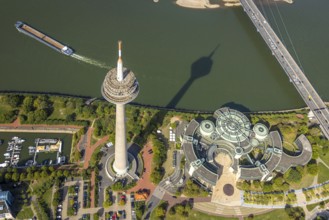 Aerial view, Rhine Tower in the Rhine Park Bilk near the Media Harbour on the river Rhine, State