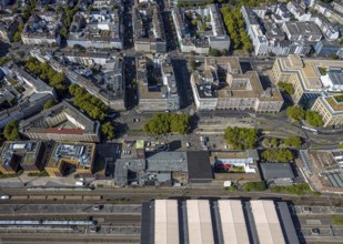 Aerial view, station building, station forecourt, main station, Konrad-Adenauer-Platz, city centre,