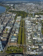 Aerial view, old town with office buildings and shopping mall, Königsallee tree-lined avenue,