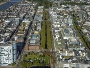 Aerial view, old town with office buildings and shopping mall, Königsallee tree-lined avenue,