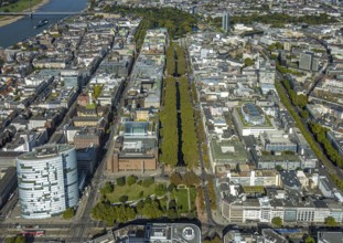 Aerial view, old town with office buildings and shopping mall, Königsallee tree-lined avenue,