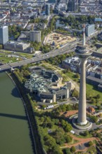Aerial view, State Parliament of North Rhine-Westphalia and Rhine Tower at the Rhine Park, behind