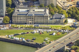 Aerial view, event with pavilions of the meadow at the state chancellery of North Rhine-Westphalia,