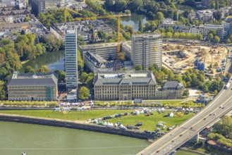 Aerial view, event with pavilions on the meadow at the State Chancellery next to the