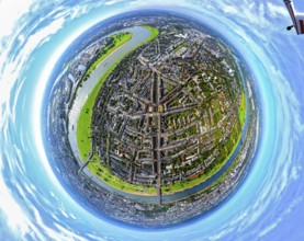 Aerial view, district Oberkassel and river Rhine, globe, fisheye image, 360 degree image, tiny