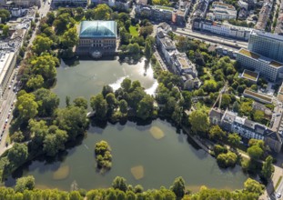 Aerial view, Ständehauspark with Ständehaus, Kaiserteich and Schwanenspiegel, Unterbilk,