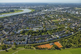 Aerial view, residential area local view district Niederkassel and Oberkassel, district sports