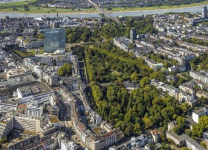 Aerial view, Hofgarten Park, Dreischeibenhaus and Schauspielhaus with view to the river Rhine,