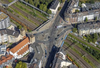 Aerial view, catholic church St. Elisabeth, bridge over railway tracks with road crossing