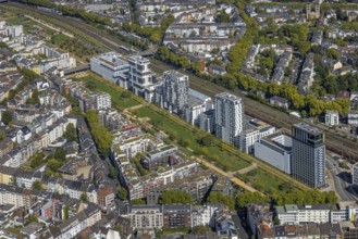 Aerial view, Le Quartier Central at Berty-Albrecht-Park, office buildings La Tete and Le Flux,