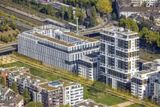 Aerial view, Le Quartier Central, Berty-Albrecht-Park, office building La Tete and Le Flux,