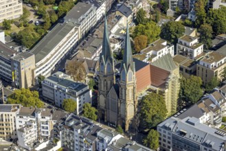 Aerial view, Church of St. Mary's Conception with construction site and scaffolding, city centre,