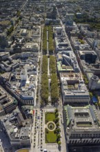 Aerial view, old town with office buildings and shopping mile, tree avenue with Königsallee,