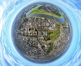 Aerial view, old town and Königsallee with tree avenue, city centre view and commercial buildings,