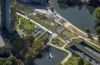 Aerial view, Kö-Bogen tunnel Hofgartenstraße, tram line over the river Nördliche Düssel, city