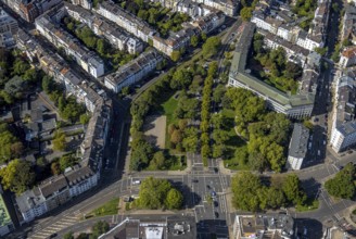 Aerial view, park and street crossing Prinz-Georg-Straße with Vagedesstraße, bus stop D-Schloss