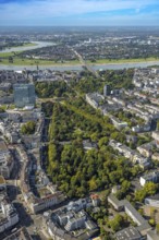 Aerial view, Hofgarten Park, Dreischeibenhaus and Schauspielhaus, view to the river Rhine,