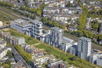 Aerial view, Le Quartier Central at Berty-Albrecht-Park, office buildings La Tete and Le Flux,