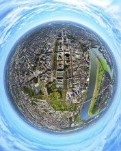 Aerial view, old town and Königsallee with tree avenue, city centre view and commercial buildings,